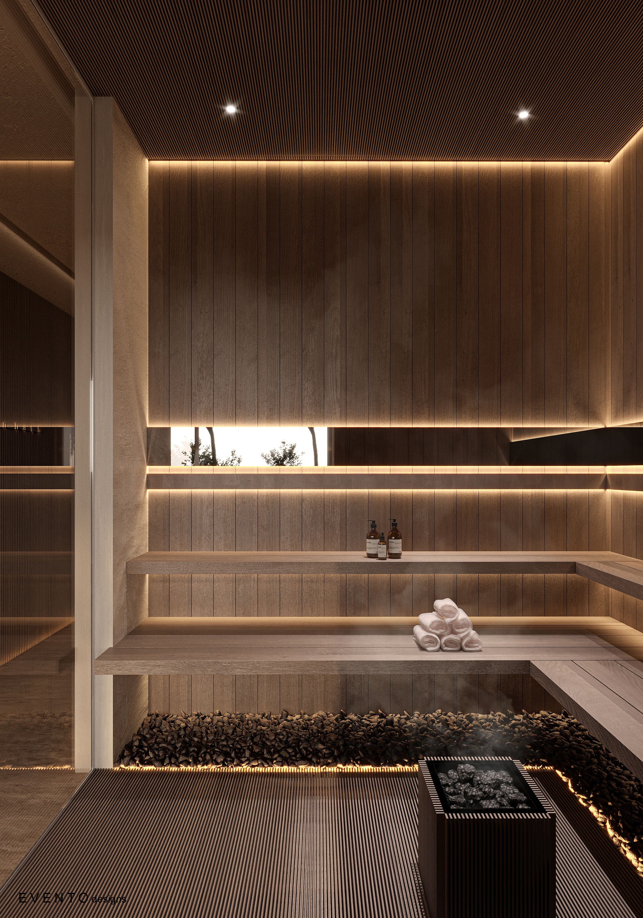 Modern bathroom with integrated cedar sauna behind glass