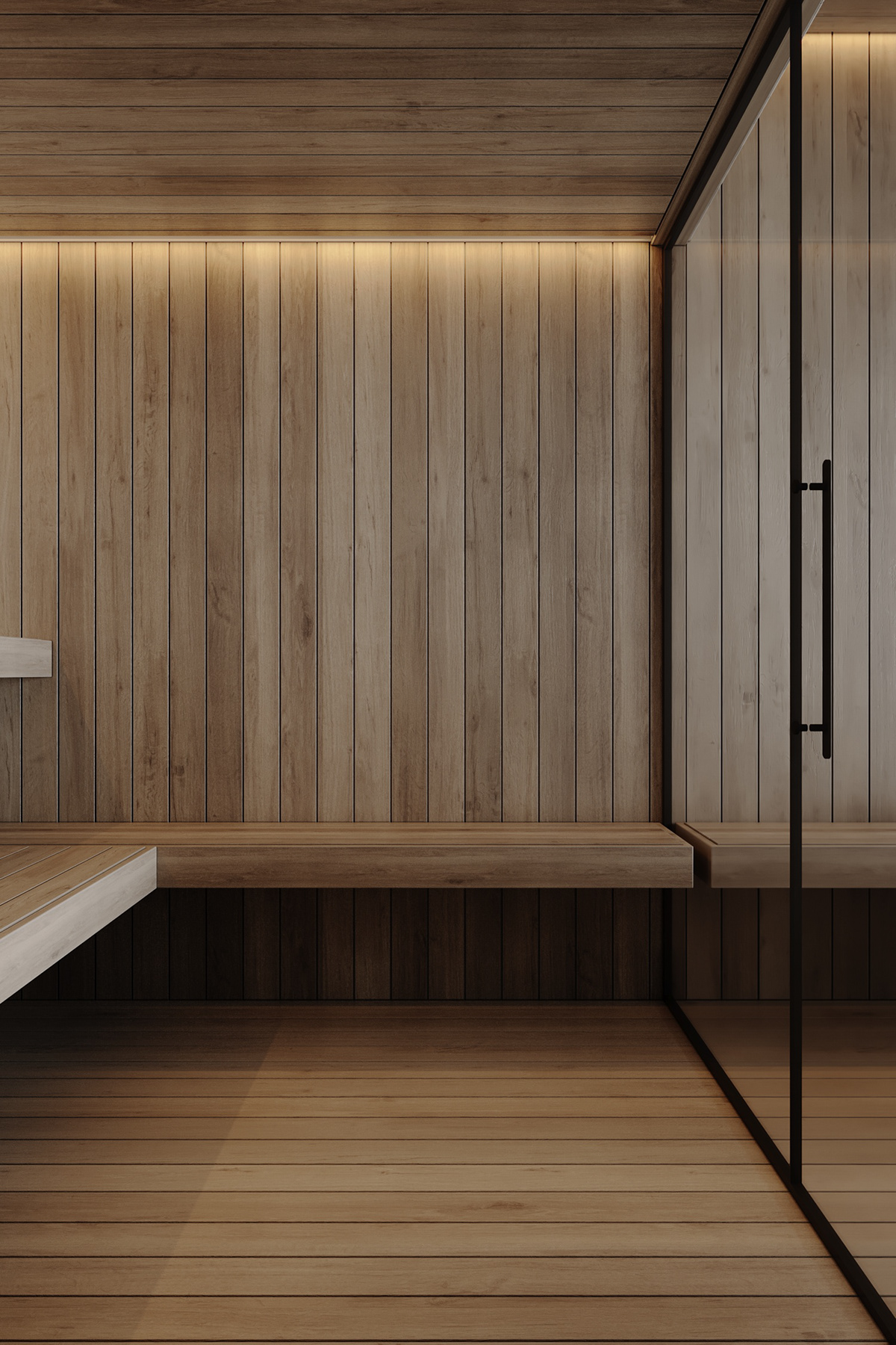 Cedar sauna interior with warm ambient lighting