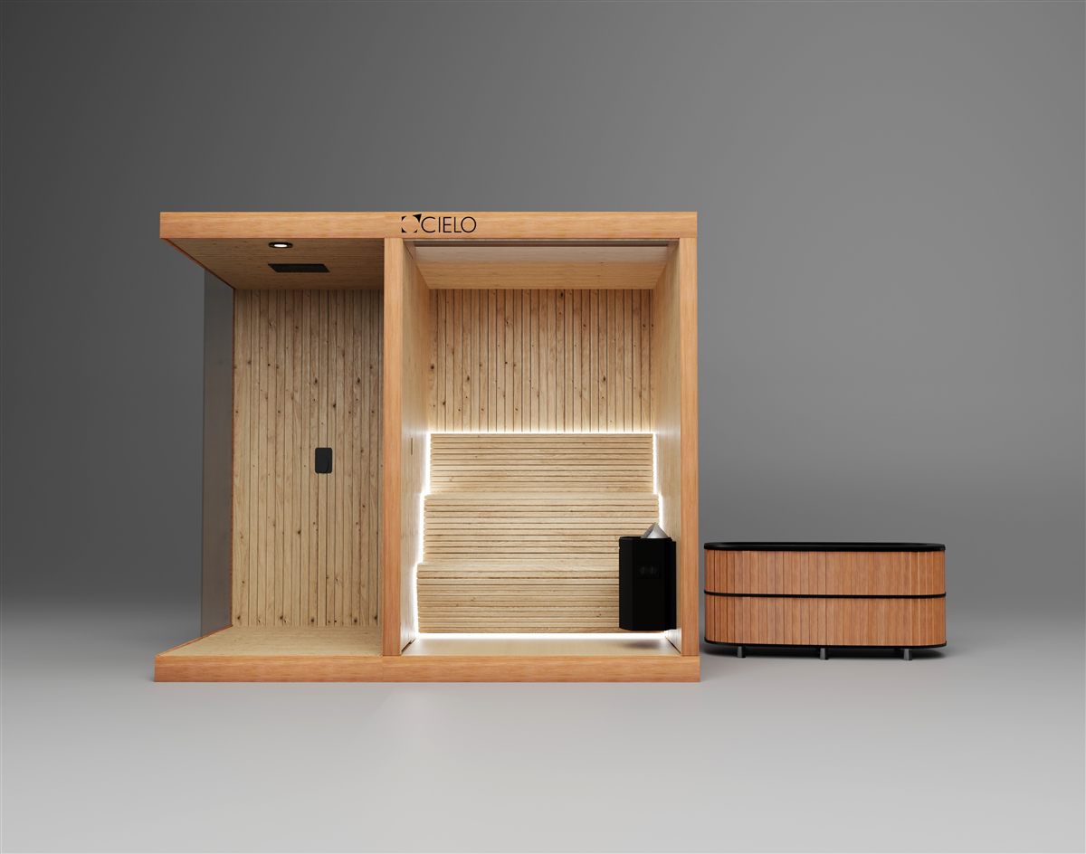 A Cielo sauna built with clear cedar and insulated glass