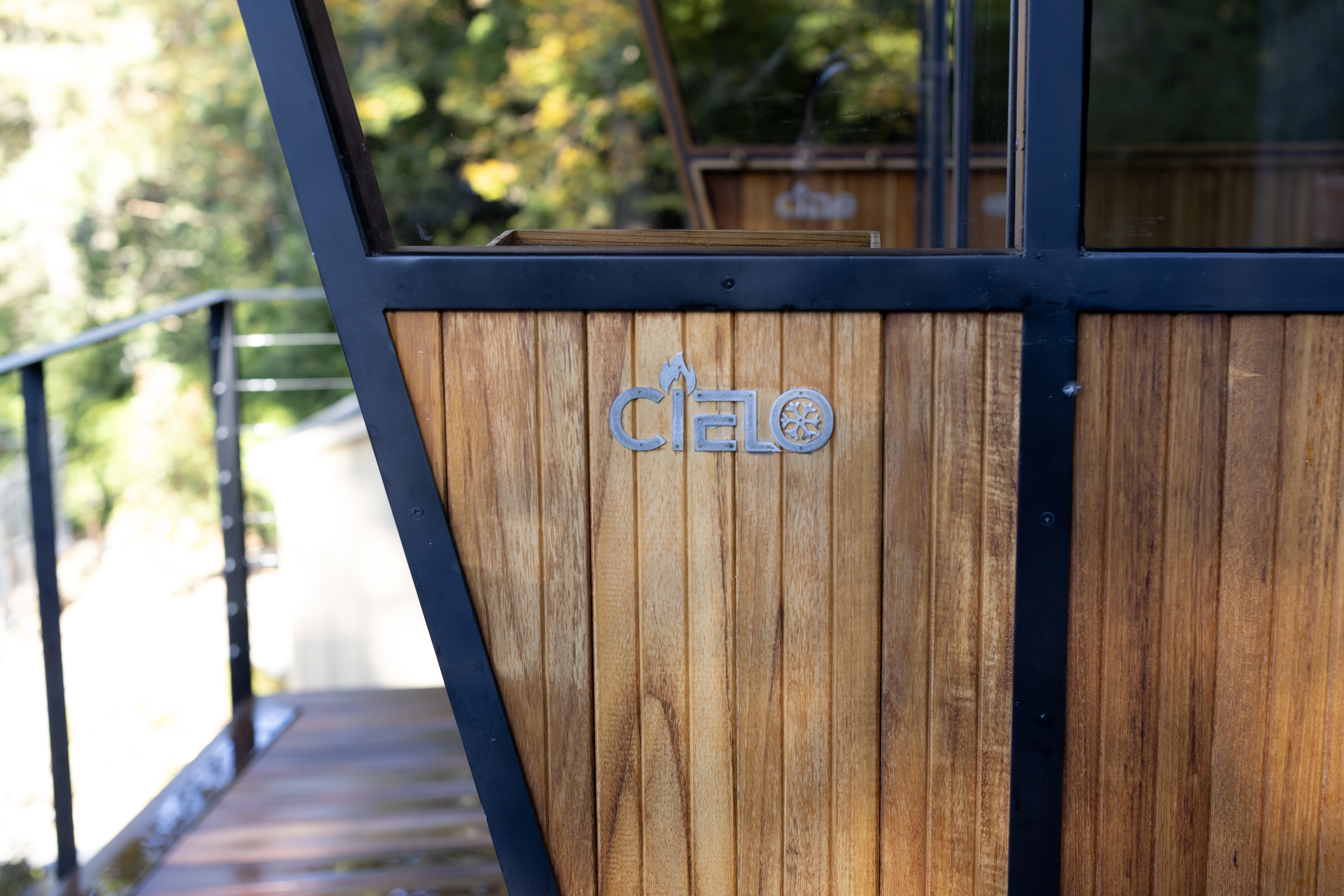 Cielo logo on teak door panel