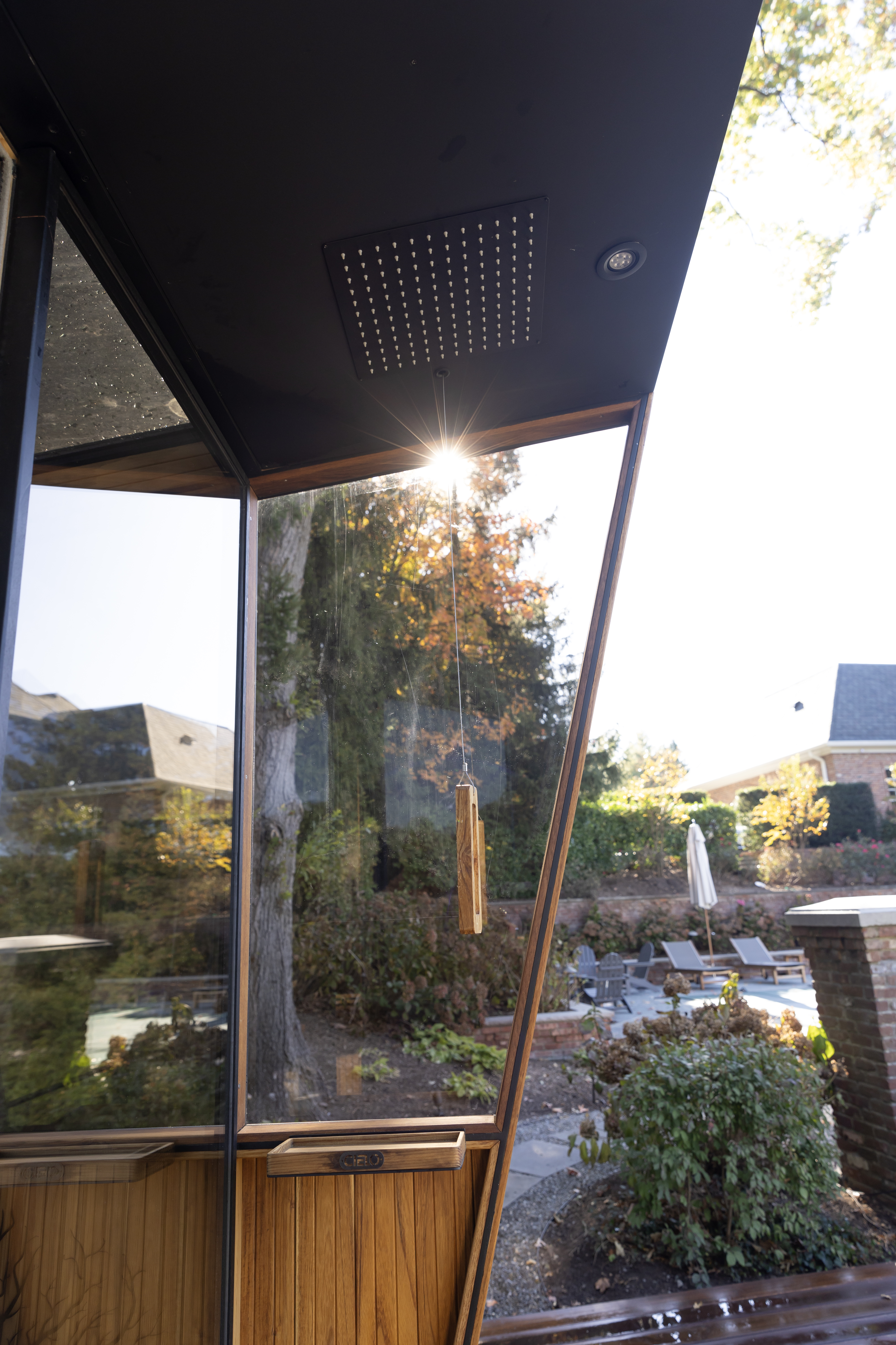 Glass ceiling and rain shower looking out to garden