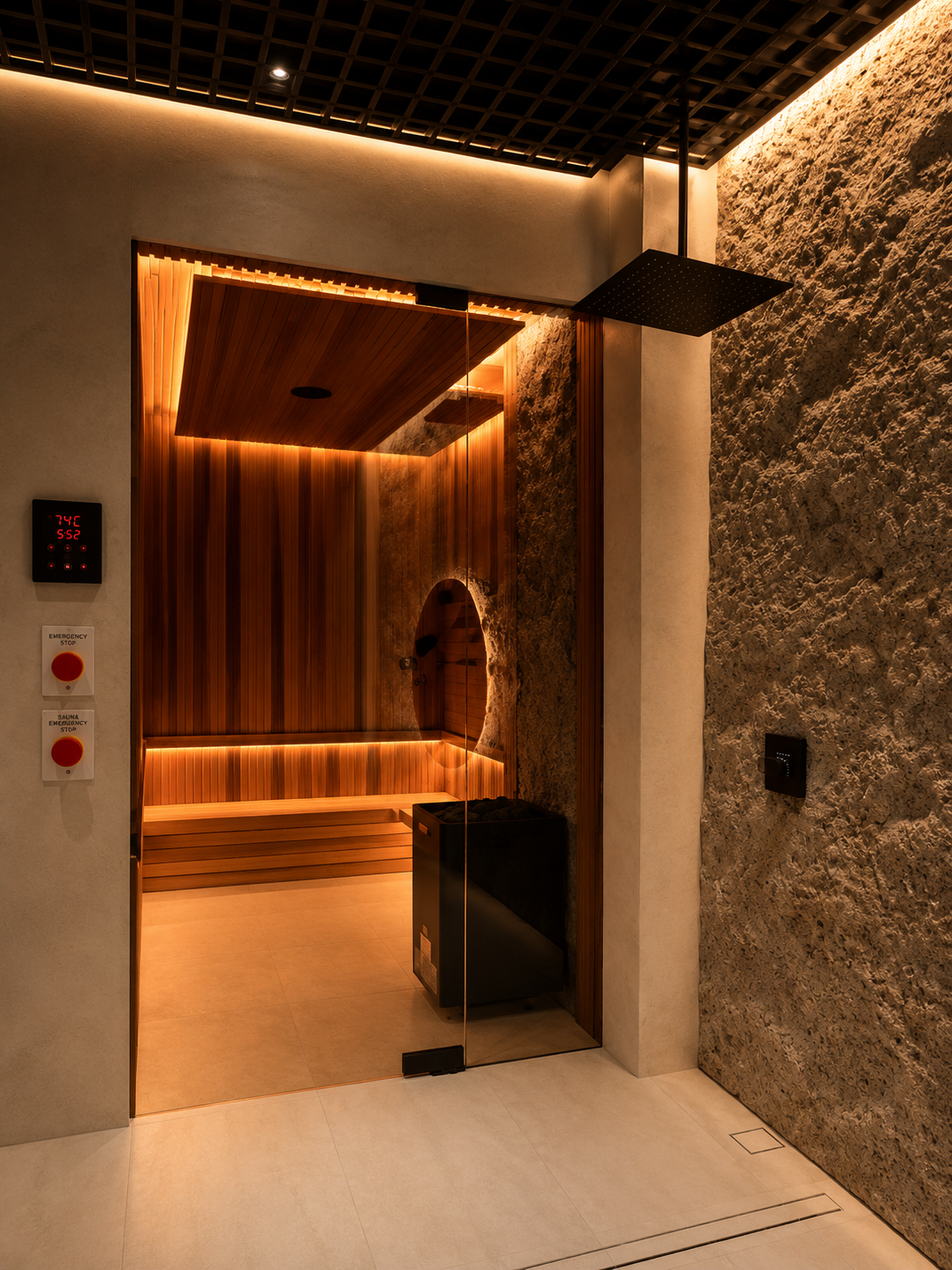 Sauna entrance with rain shower and stone wall - Evergreen Wellness Center