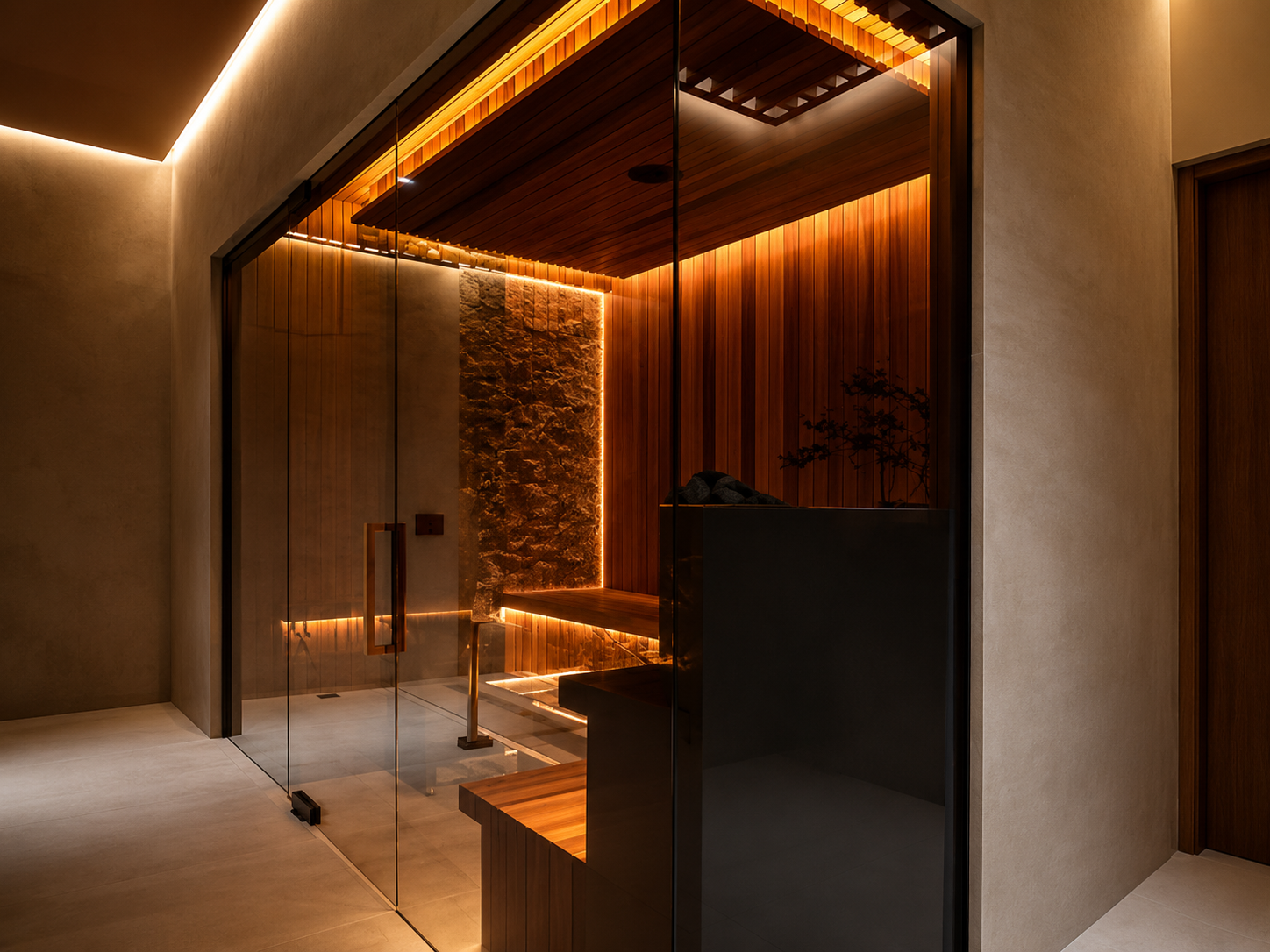 Cedar sauna interior glowing through glass - Evergreen Wellness Center