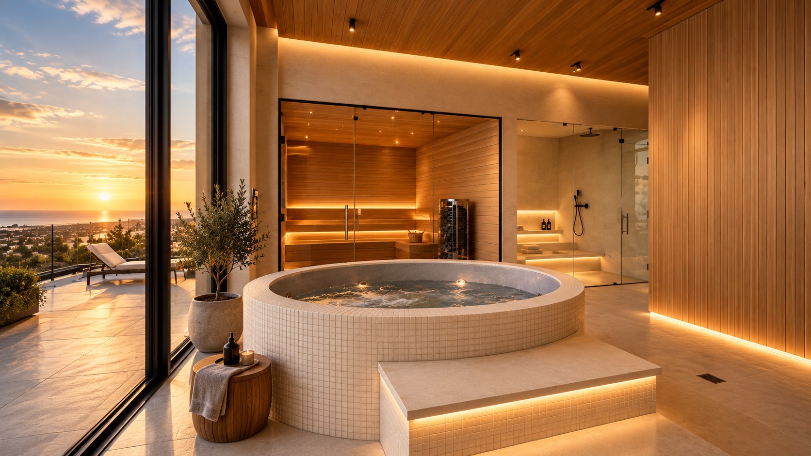 Custom round cold plunge, dry sauna and steam room in a Jersey City luxury building at golden hour