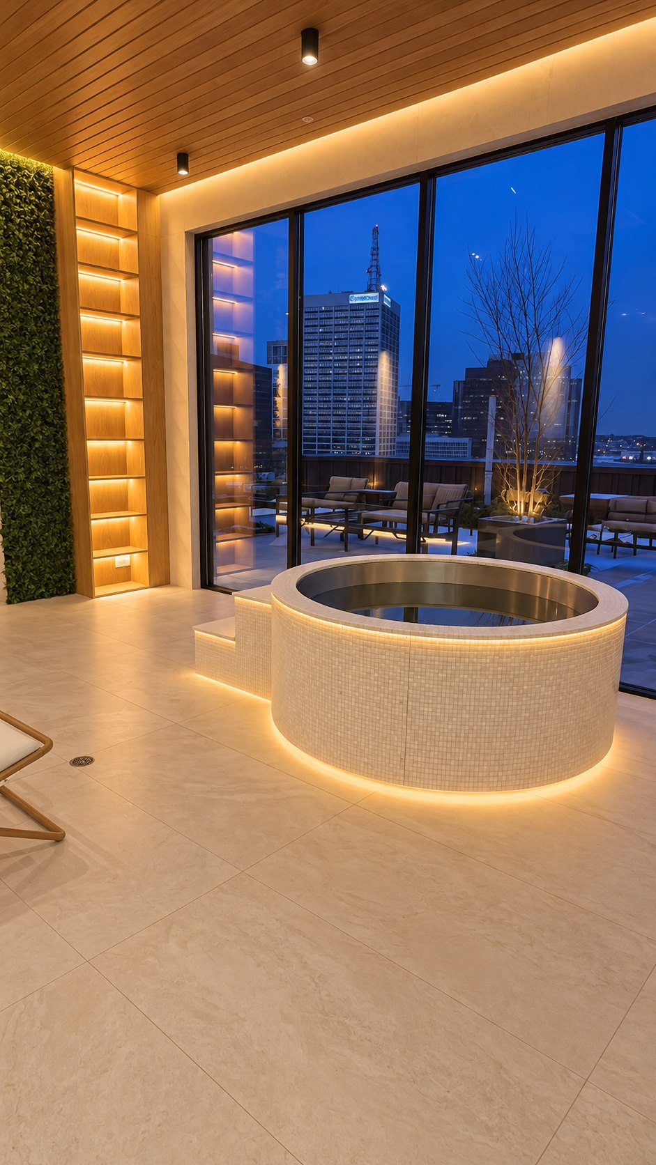 Wellness retreat at dusk with the cold plunge, lounge chairs and a skyline view