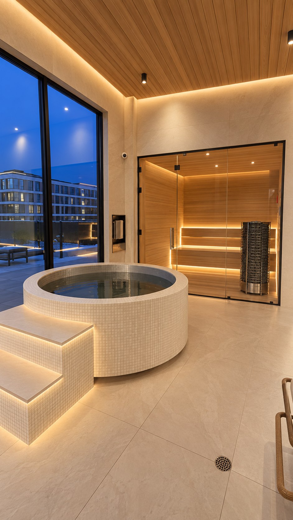 Round mosaic-tiled cold plunge in front of the glass sauna in the evening