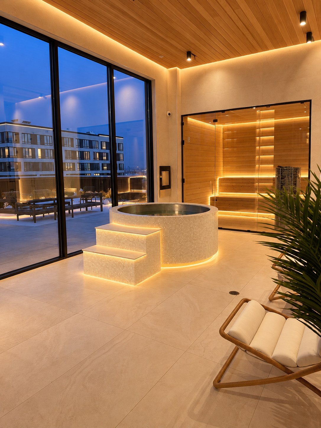 Glass-walled cedar sauna beside the round cold plunge with a view of the city
