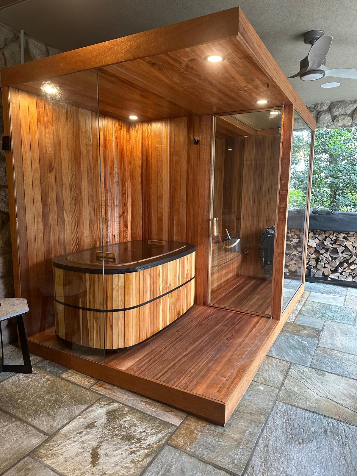Full modular suite — front view showing cold plunge and sauna