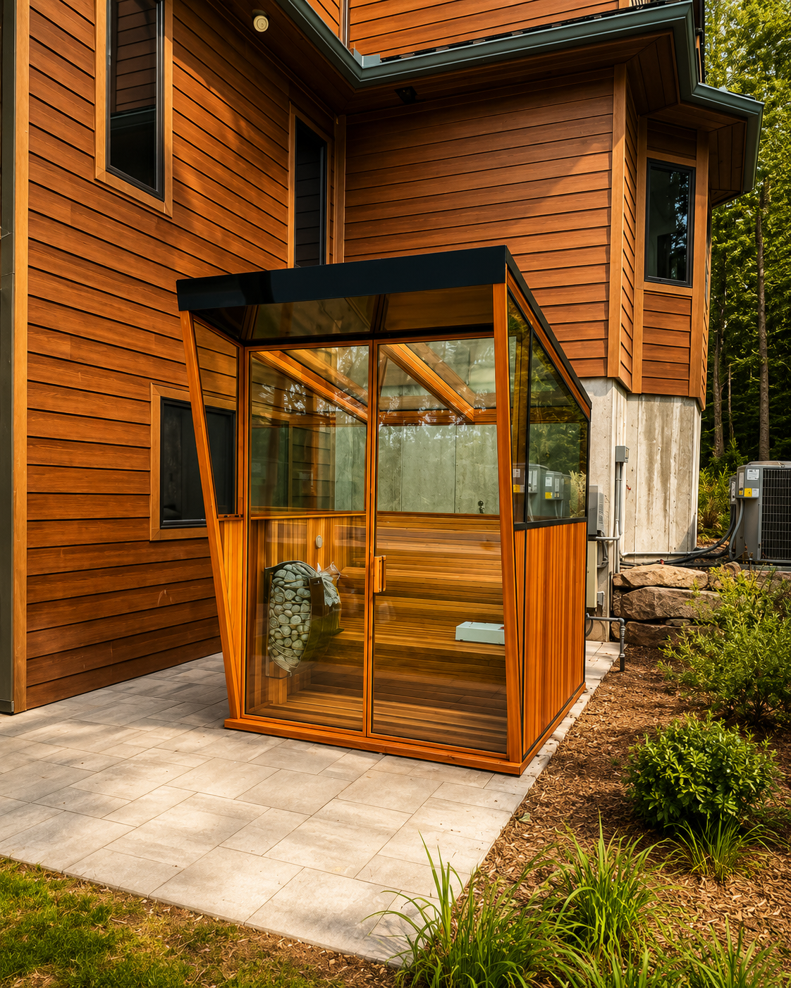 Glass roof cedar sauna at a vacation home in Monticello, New York