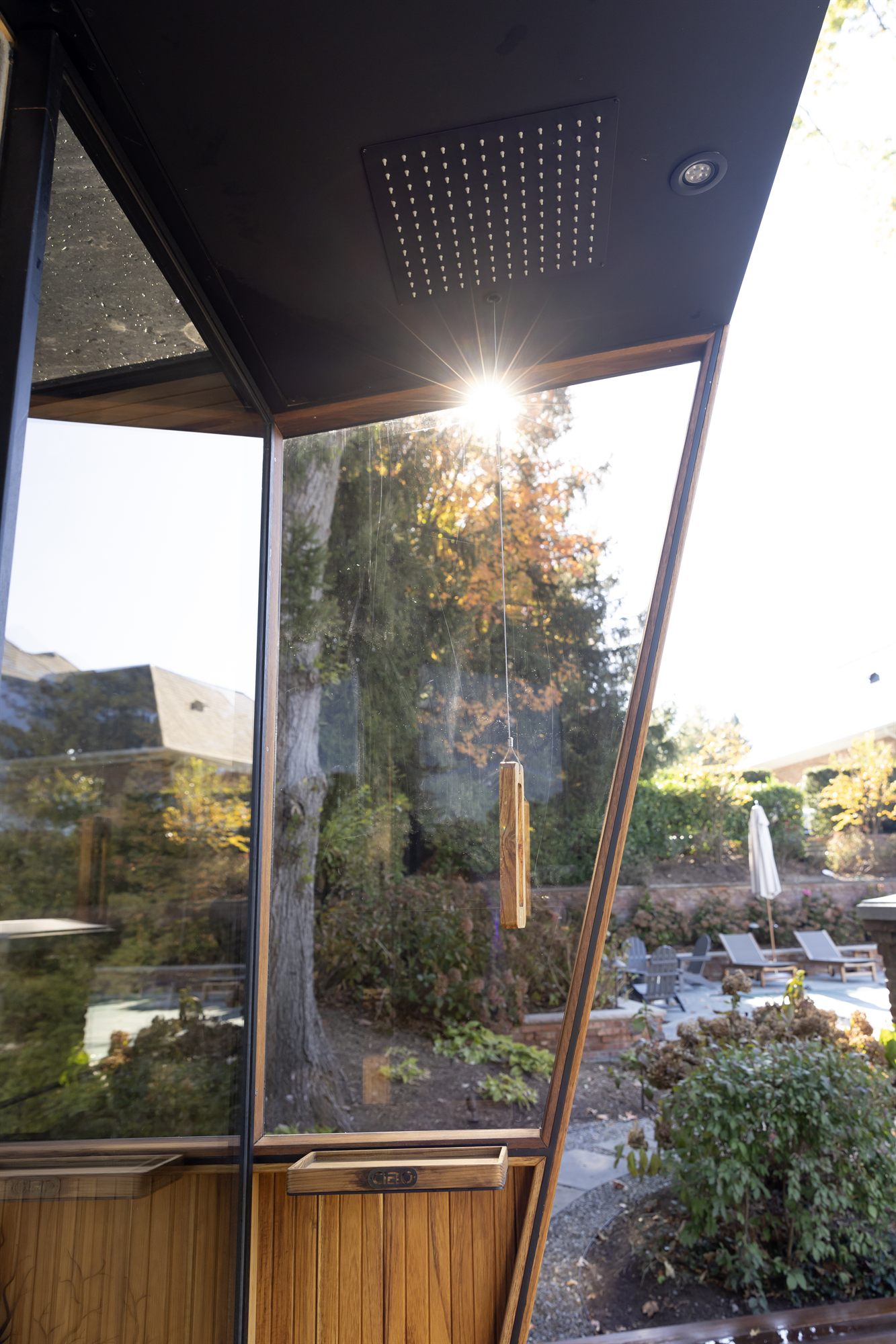 Sunlight through the glass wall of a Cielo sauna