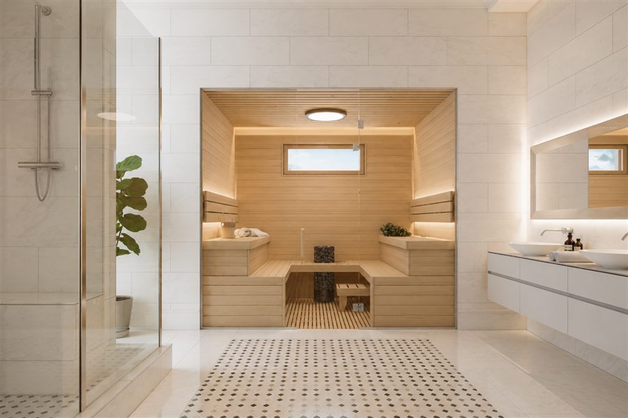 Custom indoor sauna and cold plunge in Alpine, NJ