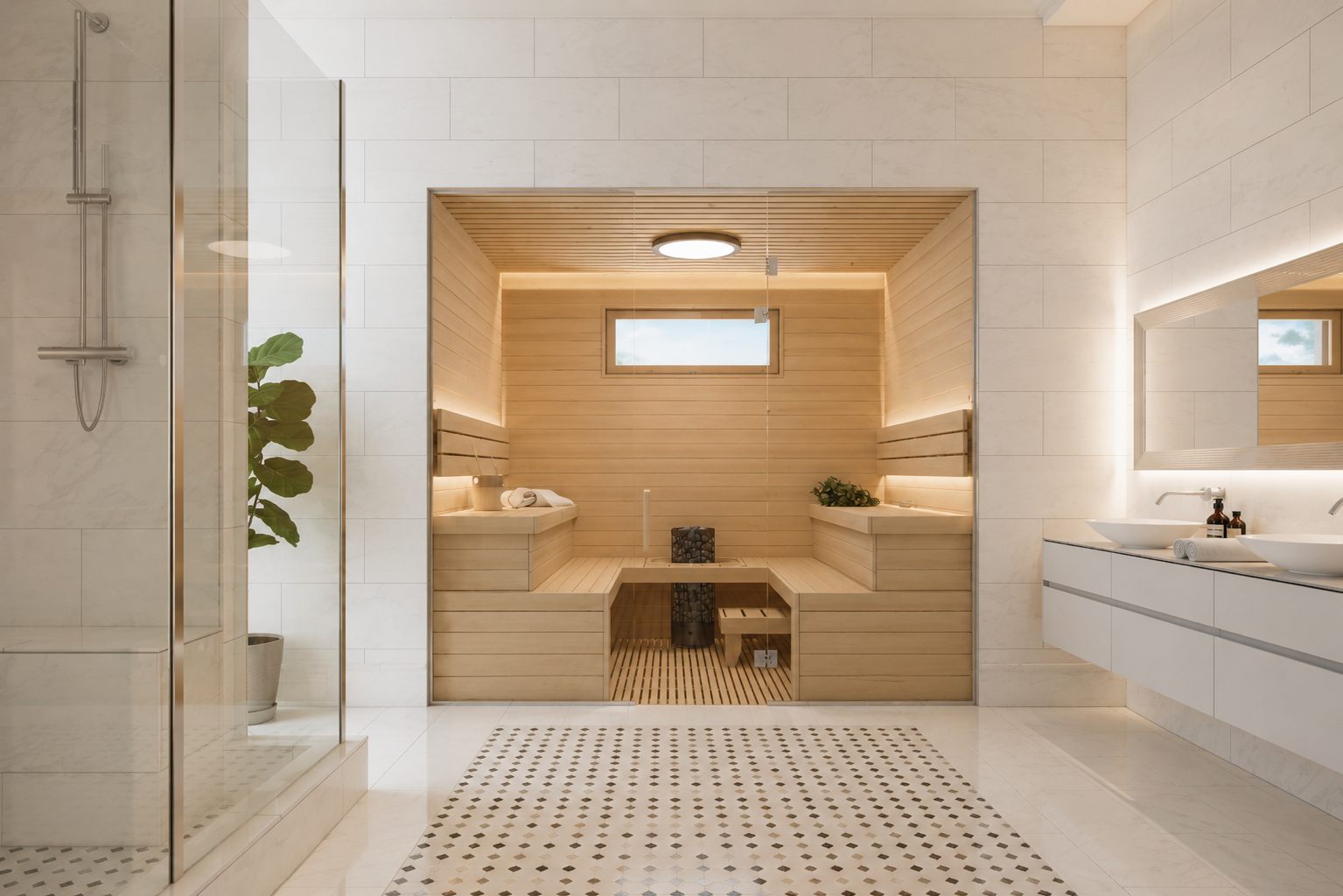 Custom indoor sauna and cold plunge built into an Alpine, NJ estate basement