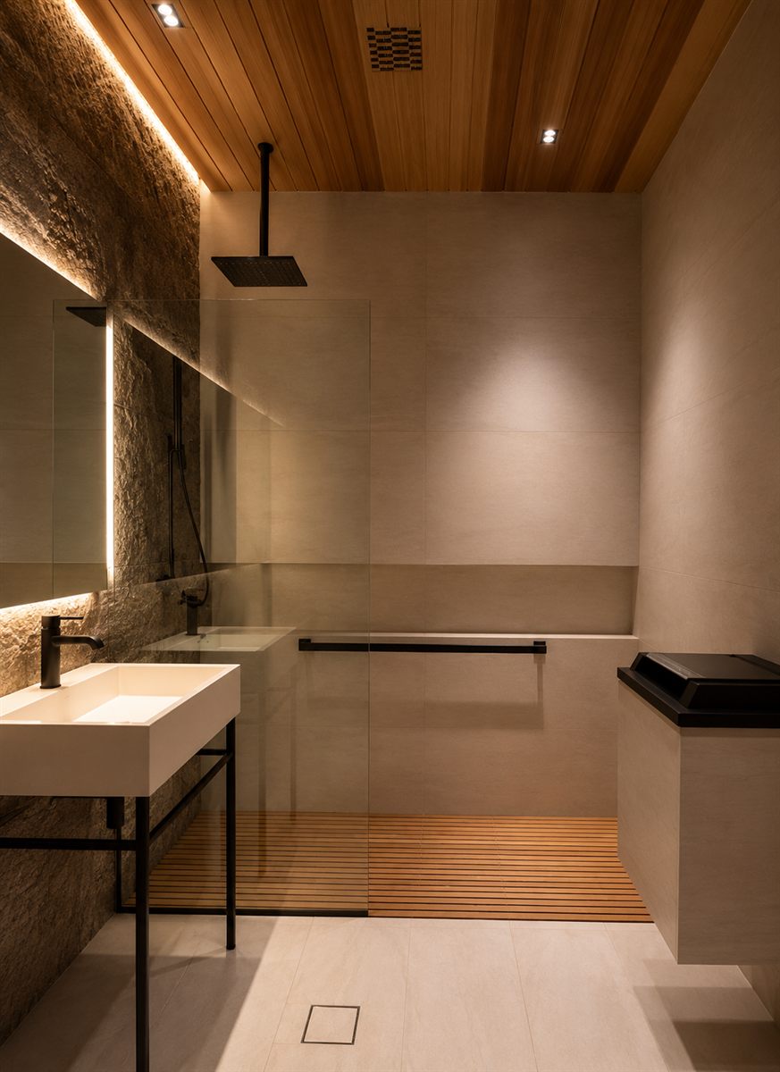 Custom indoor sauna and shower suite with exposed stone wall detail