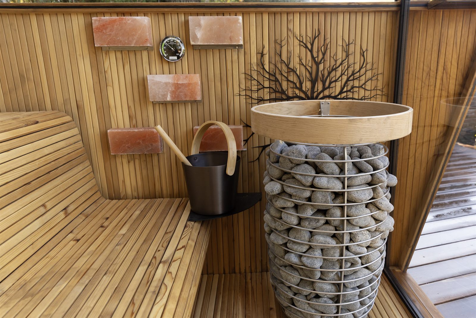 Custom basement wellness sanctuary with glass sauna and cold plunge in a Bergen County, NJ luxury home