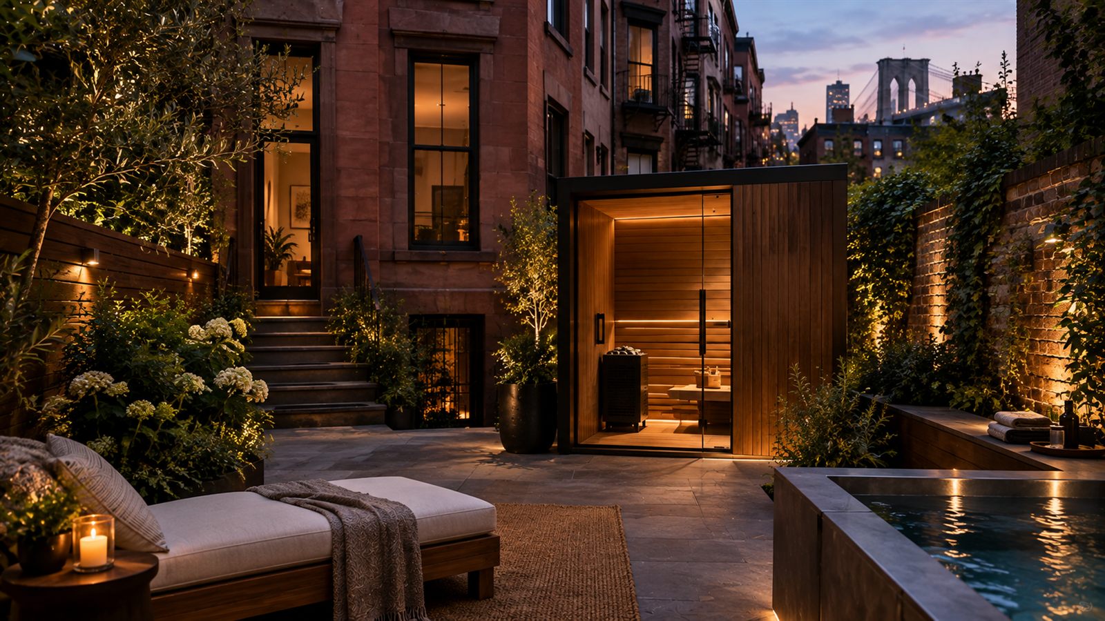 Custom sauna built into a narrow Brooklyn brownstone backyard