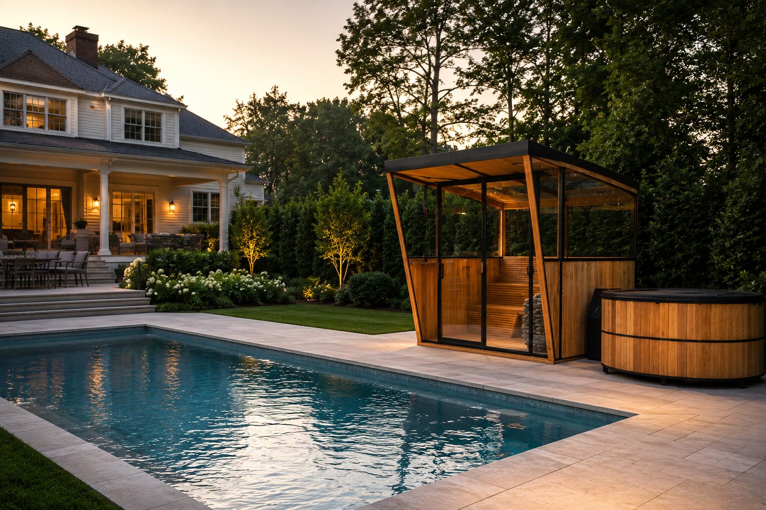 Custom sauna and cold plunge integrated into an existing pool terrace