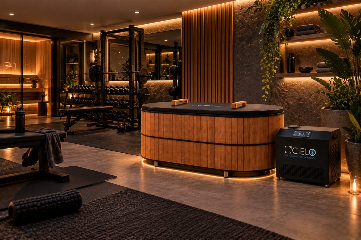 A cold plunge built into a home gym, part of a daily recovery routine