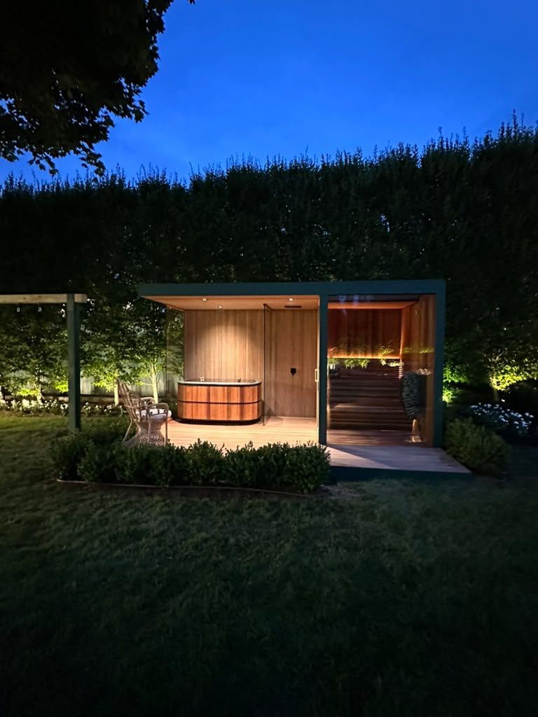 Custom sauna and cold plunge built for entertaining at an East Hampton property