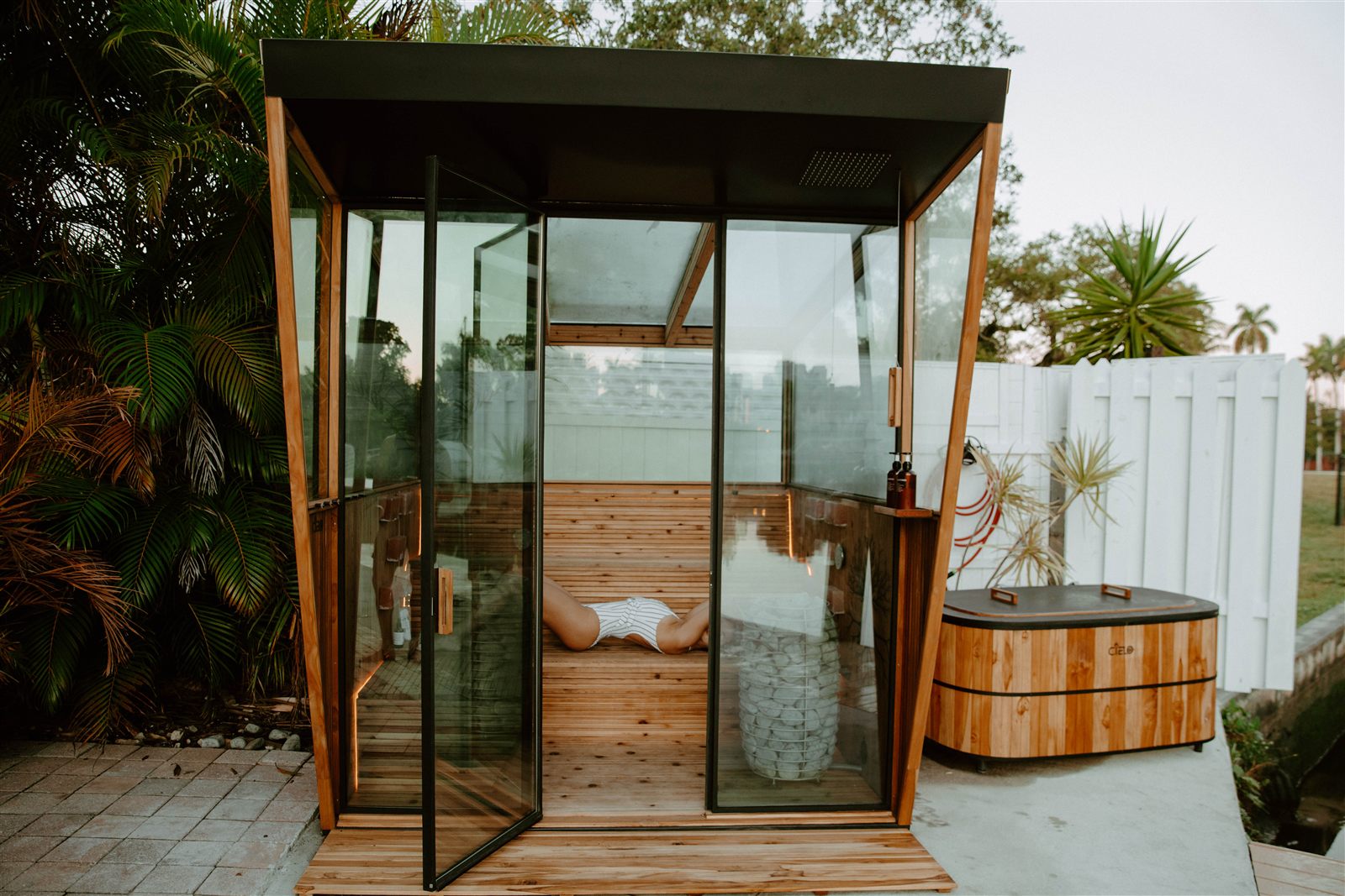 Custom rooftop sauna design on a narrow Hoboken, NJ rooftop terrace