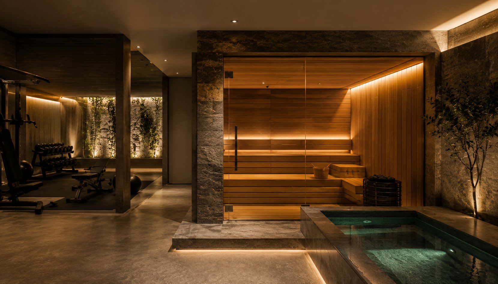 Custom indoor sauna, cold plunge, and home gym wellness suite