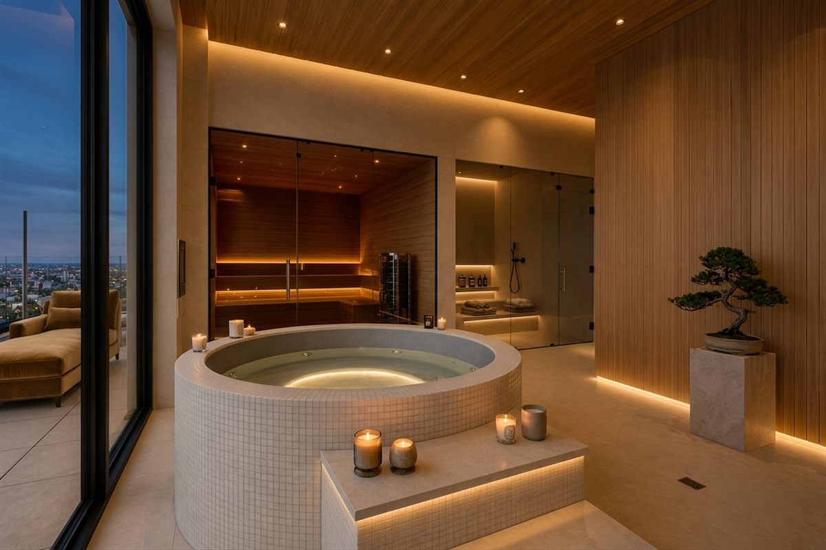 Rooftop wellness space with sauna and cold plunge
