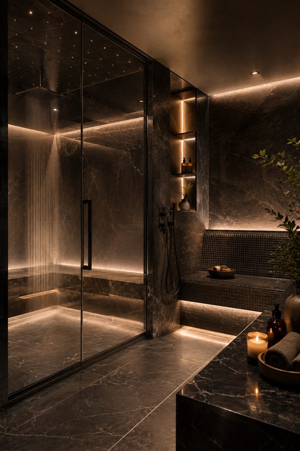 A fully bespoke Cielo indoor steam shower in stone