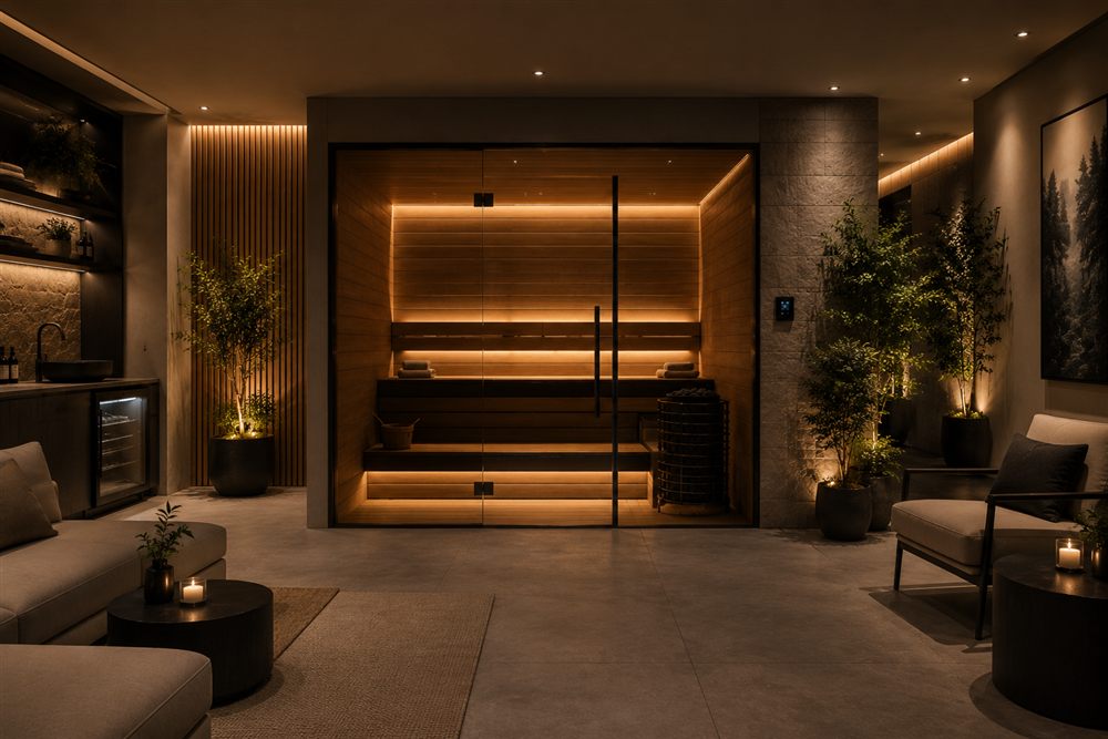 Indoor sauna integrated into a home lounge and wet bar