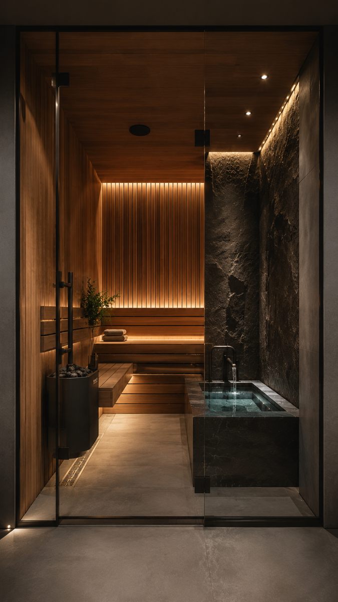 Glass-front indoor sauna paired with a stone cold plunge