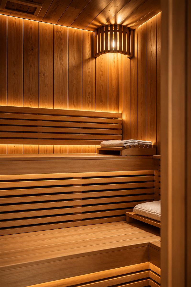 Warm cedar sauna interior with integrated lighting, built for daily use
