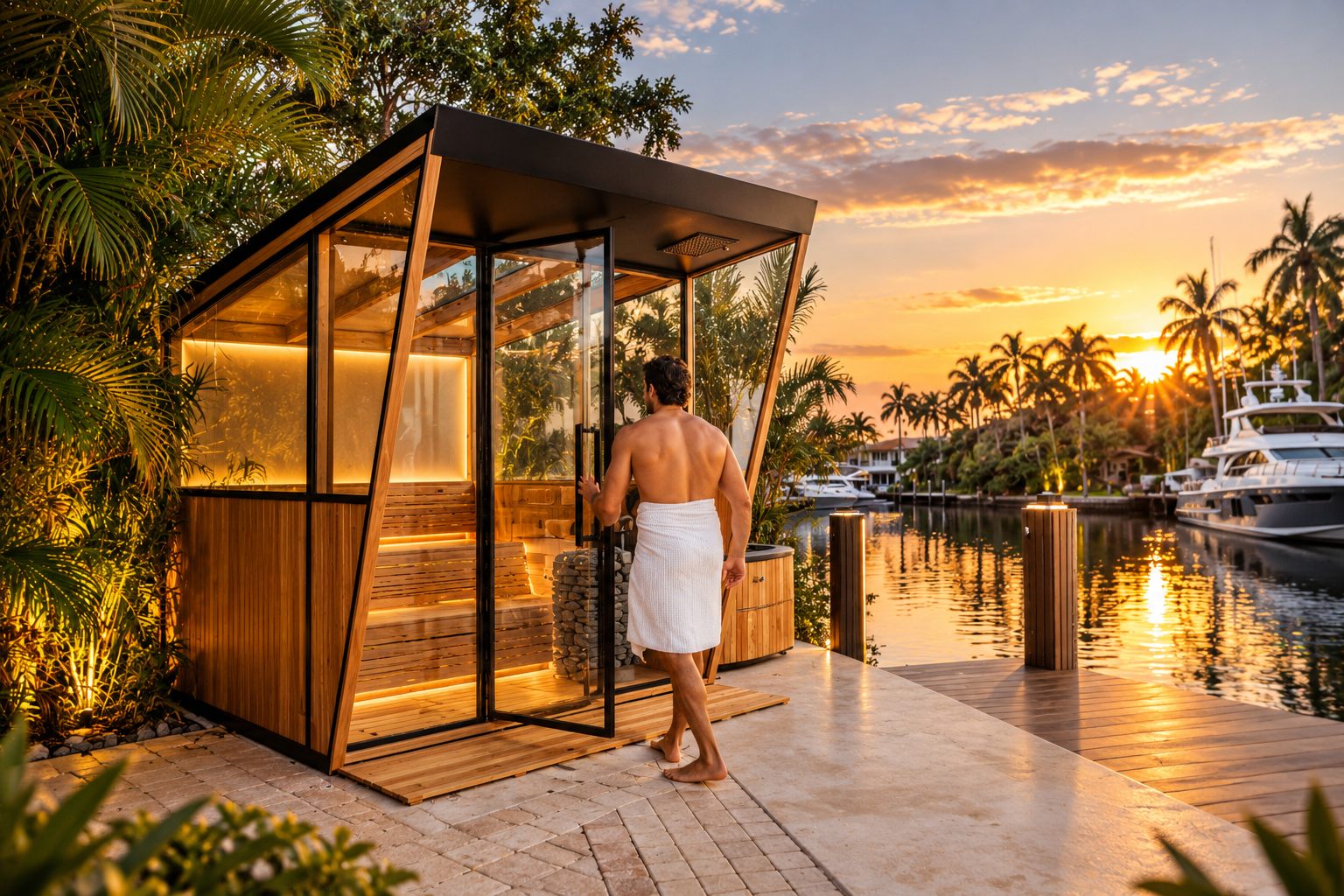 A waterfront outdoor wellness amenity at sunset