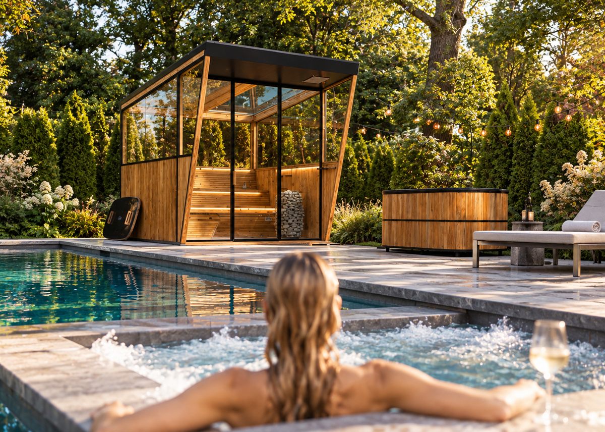 A pool and spa wellness experience at golden hour