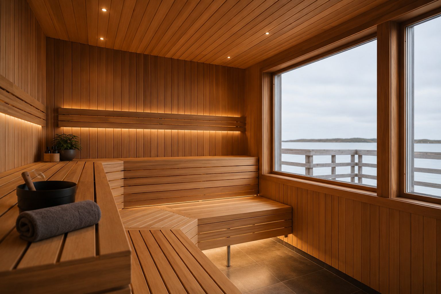 Custom residential sauna with waterfront view