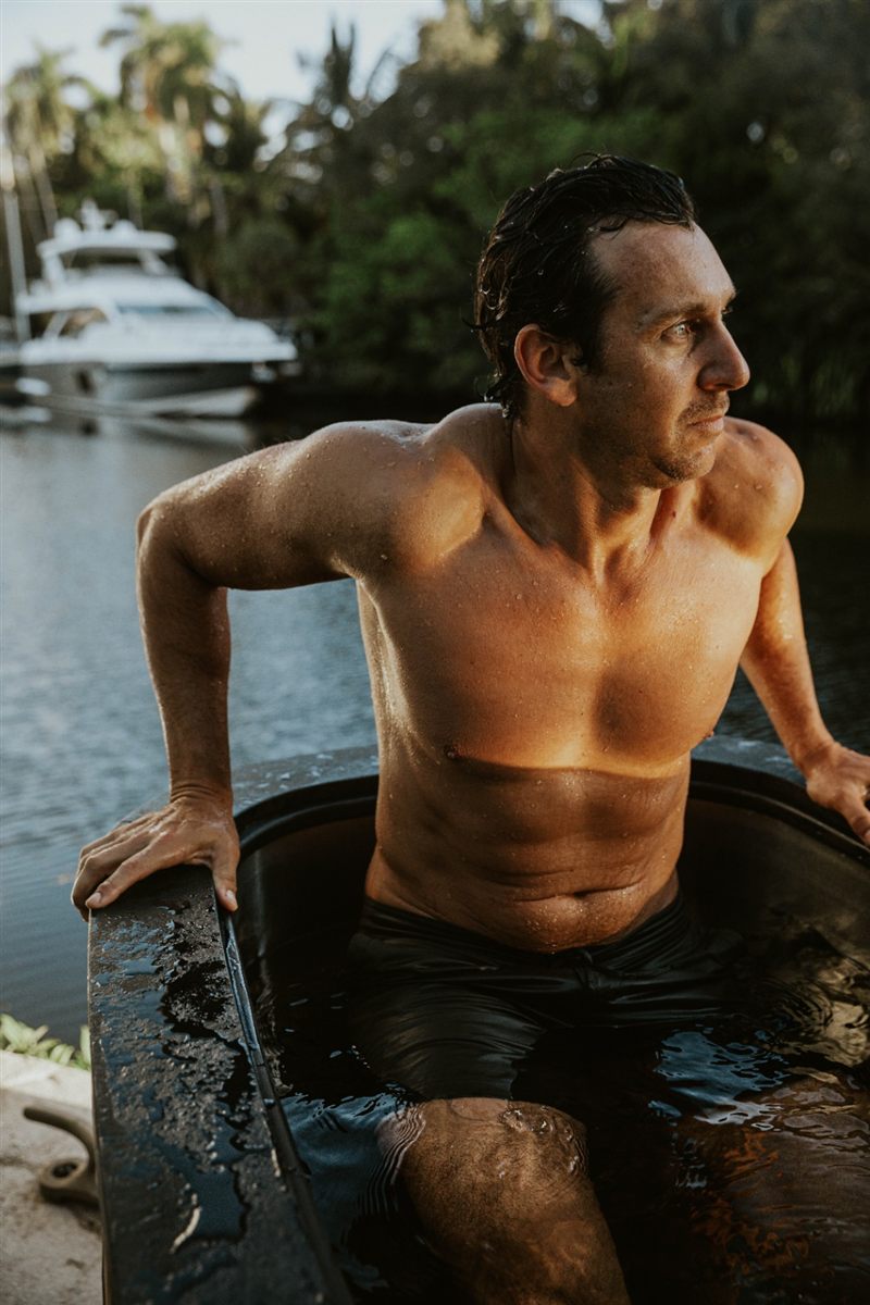 A cold plunge session at golden hour, part of Cielo's contrast-therapy approach