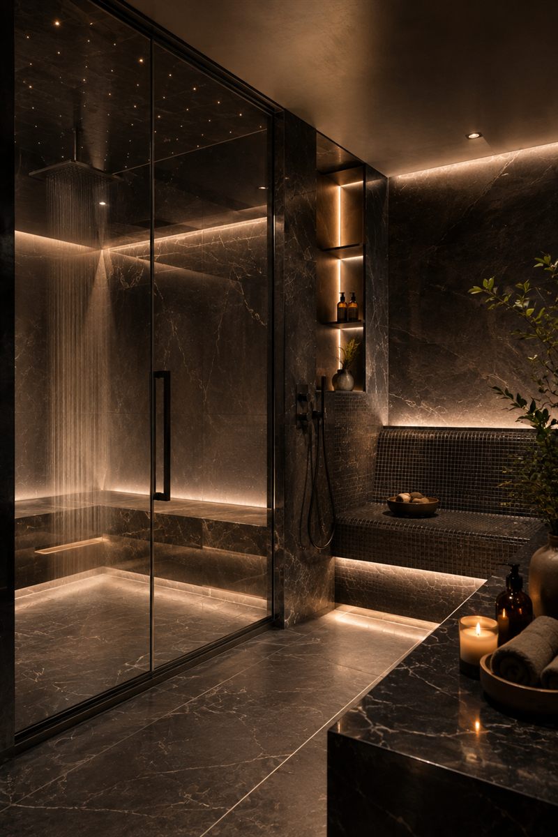 Dark stone steam and wellness suite built for genuine daily use