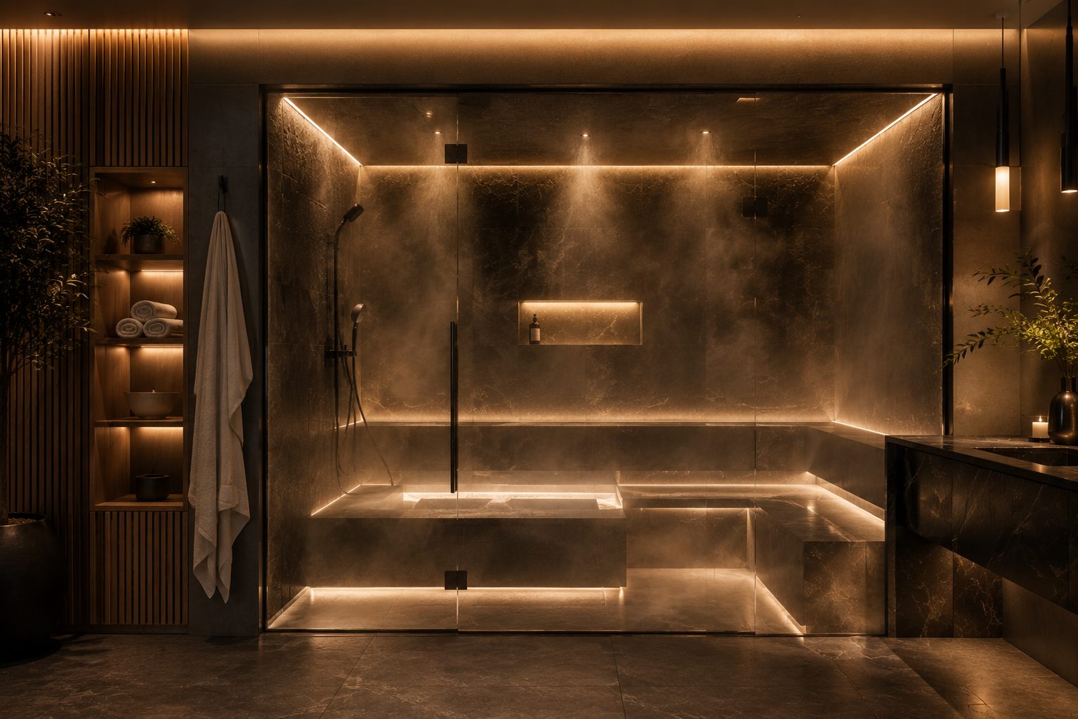 Steam and heat inside a custom sauna, illustrating sauna heat and hygiene