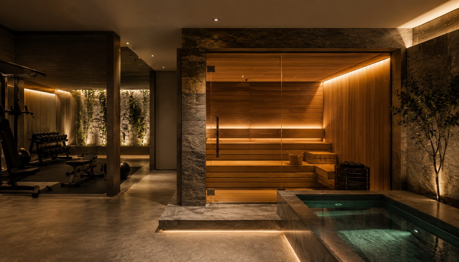 Custom indoor sauna and cold plunge wellness suite with dark stone and glass detailing