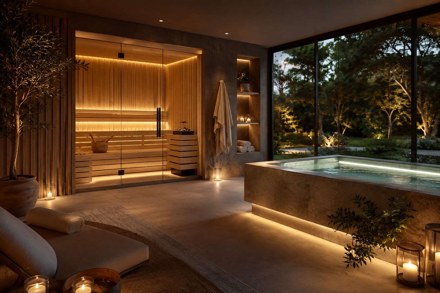 Custom indoor sauna and cold plunge in a Southampton estate, designed for year-round use
