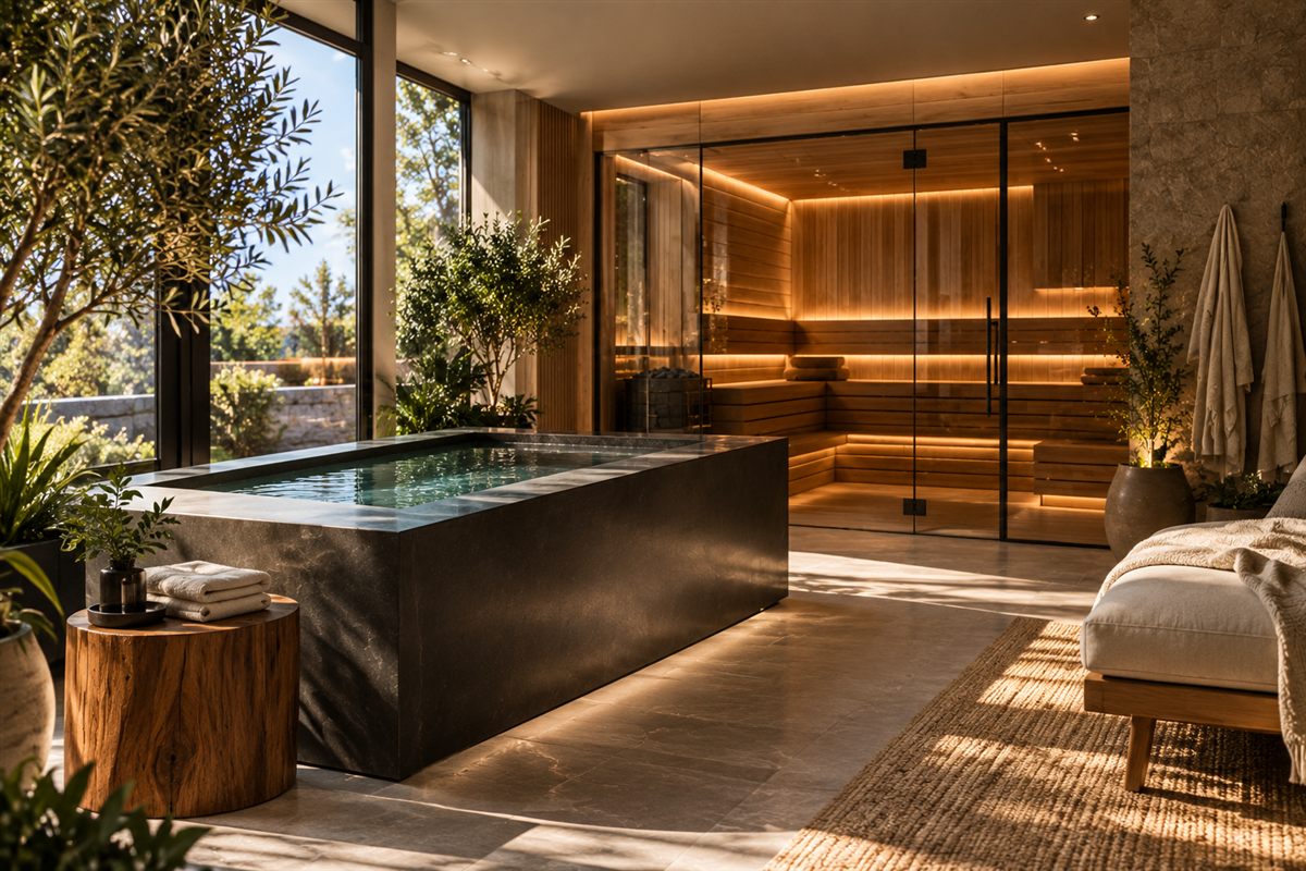 An indoor stone cold plunge beside a glass sauna