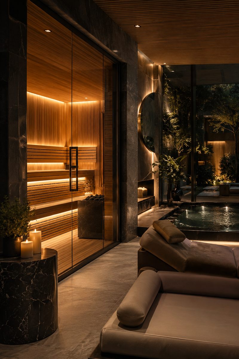 Dark stone luxury spa lounge with sauna, cold plunge, and garden views at night