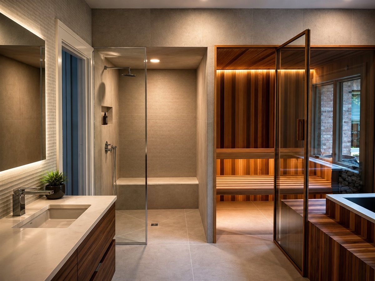 Indoor Cielo sauna suite with glass walls, an example of a bespoke indoor build
